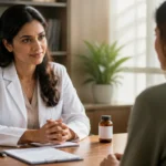 Médica psiquiatra orientando paciente sobre o uso seguro de clonazepam em consultório acolhedor.