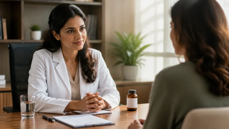 Médica psiquiatra orientando paciente sobre o uso seguro de clonazepam em consultório acolhedor.