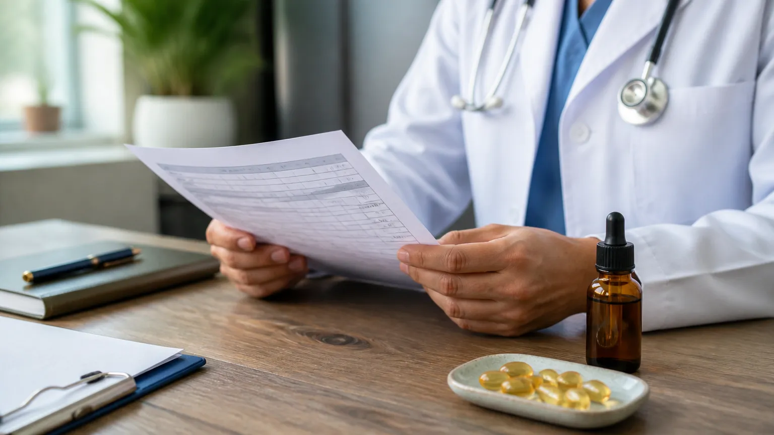 Médico analisando exame de sangue para vitamina d baixa sintomas e reposição.