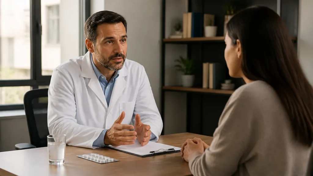 Médico conversando com paciente sobre o uso de escitalopram no tratamento de ansiedade e depressão.