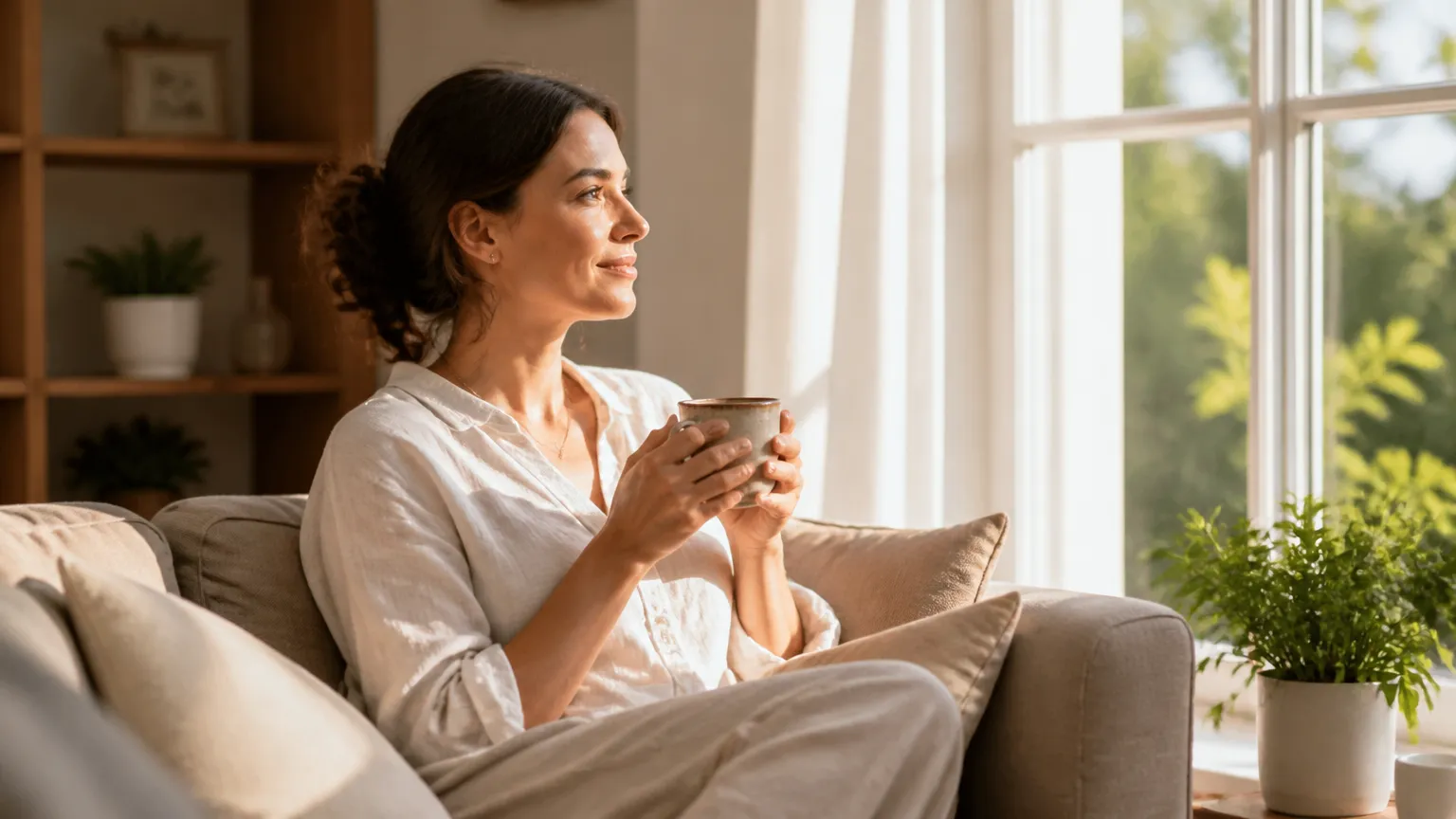 Mulher relaxada demonstrando bem-estar emocional após tratamento adequado com escitalopram.