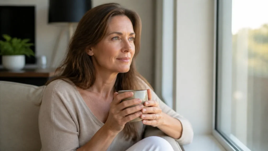 Mulher madura em momento reflexivo sobre os primeiros sinais da perimenopausa e saúde feminina.