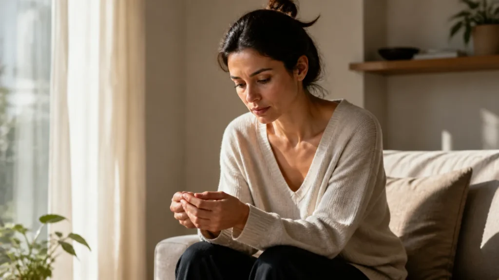Mulher reflexiva observando as próprias mãos durante momento de despersonalização em ambiente acolhedor e calmo.