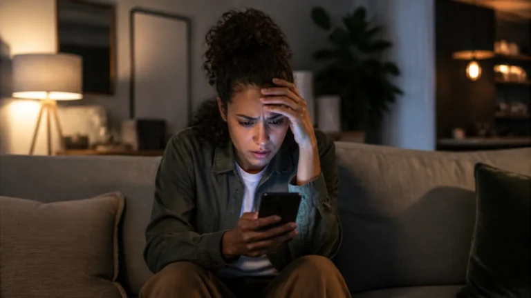 Pessoa ansiosa no celular pesquisando sintomas associados à hipocondria e medo de doenças.