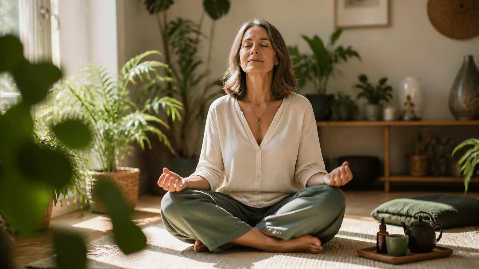 Prática de bem-estar e equilíbrio emocional durante a transição da perimenopausa.