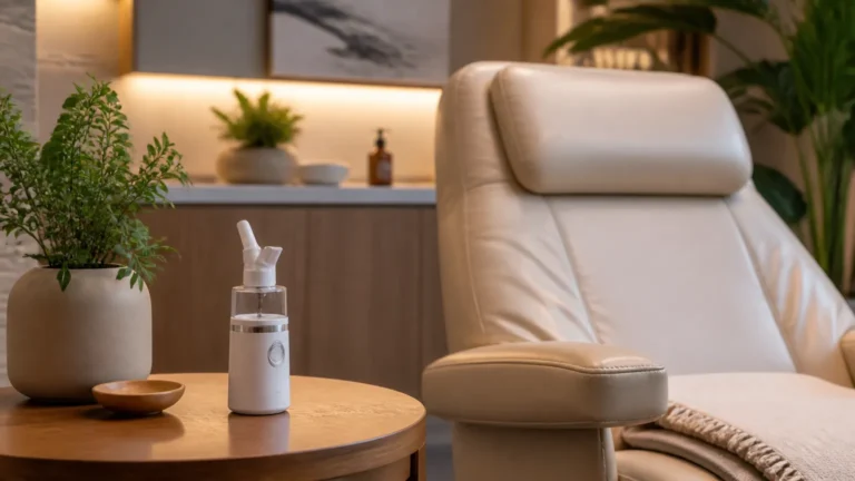 Dispositivo de spray nasal de escetamina em ambiente clínico acolhedor para tratamento de depressão resistente.