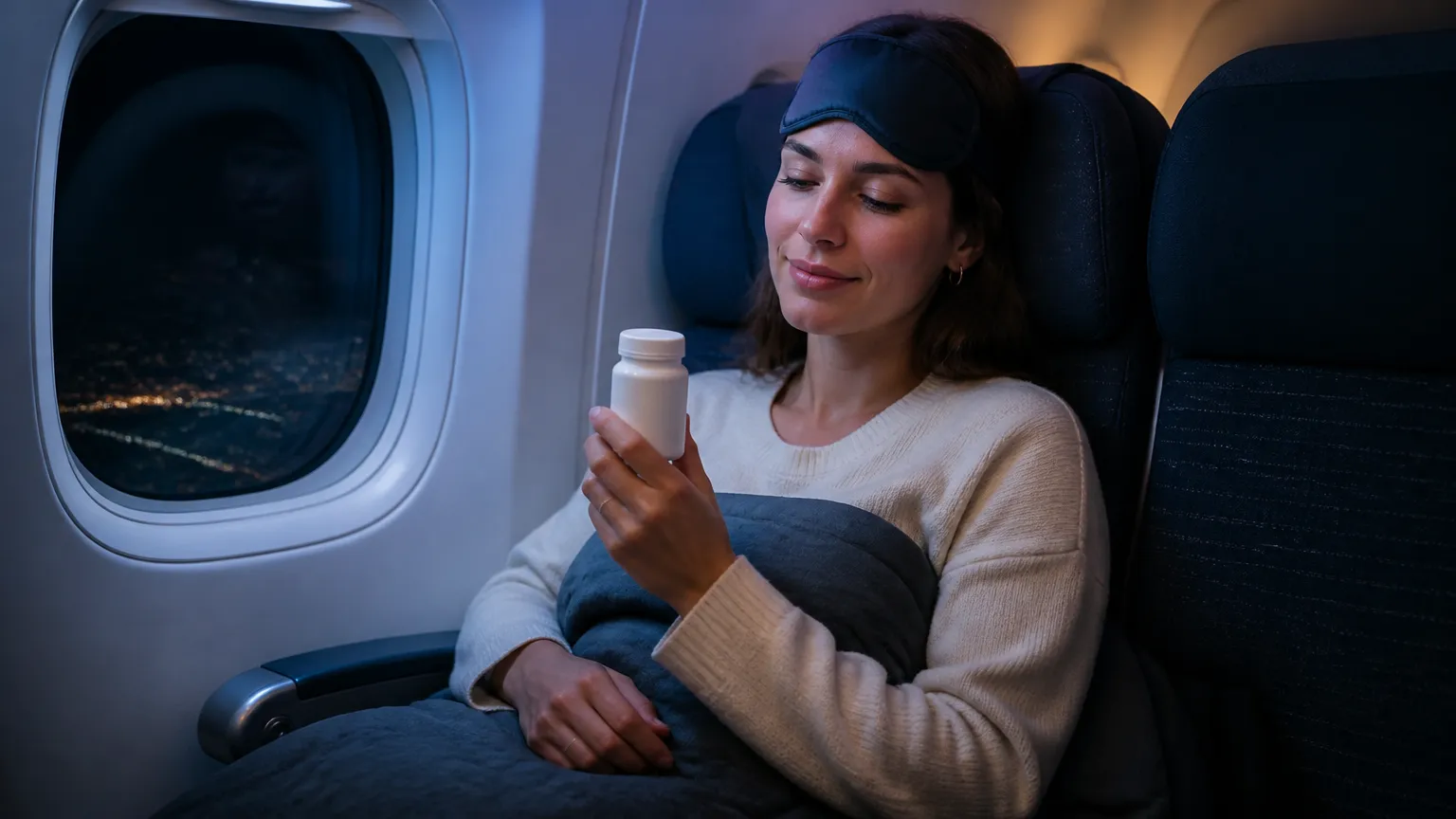 Viajante descansando em voo noturno entendendo melatonina para que serve contra jet lag.
